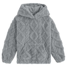 Girls grey coral fleece hoodie with cozy plush fabric, hooded pullover style and kangaroo pocket for comfortable winter wear.