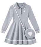 Girls grey long sleeve polo dress with classic collar design and heart shoulder bag, comfortable kids outfit for casual occasions.
