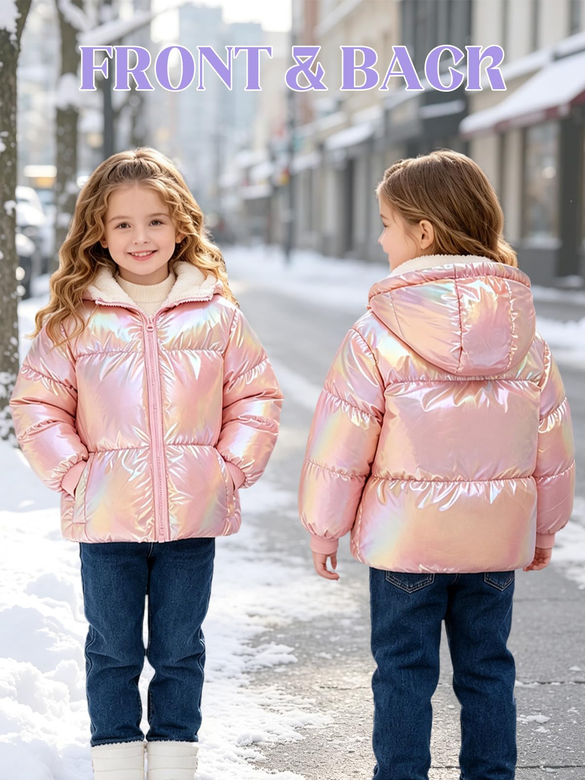 Toddler girl wearing a hooded shimmer puffer coat with full zipper closure and fleece lining for cold weather comfort.