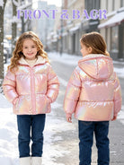 Toddler girl wearing a hooded shimmer puffer coat with full zipper closure and fleece lining for cold weather comfort.