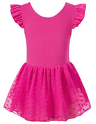 Girls hot pink ballet leotard dress with elegant skirt design, perfect for dance classes and stage performances.