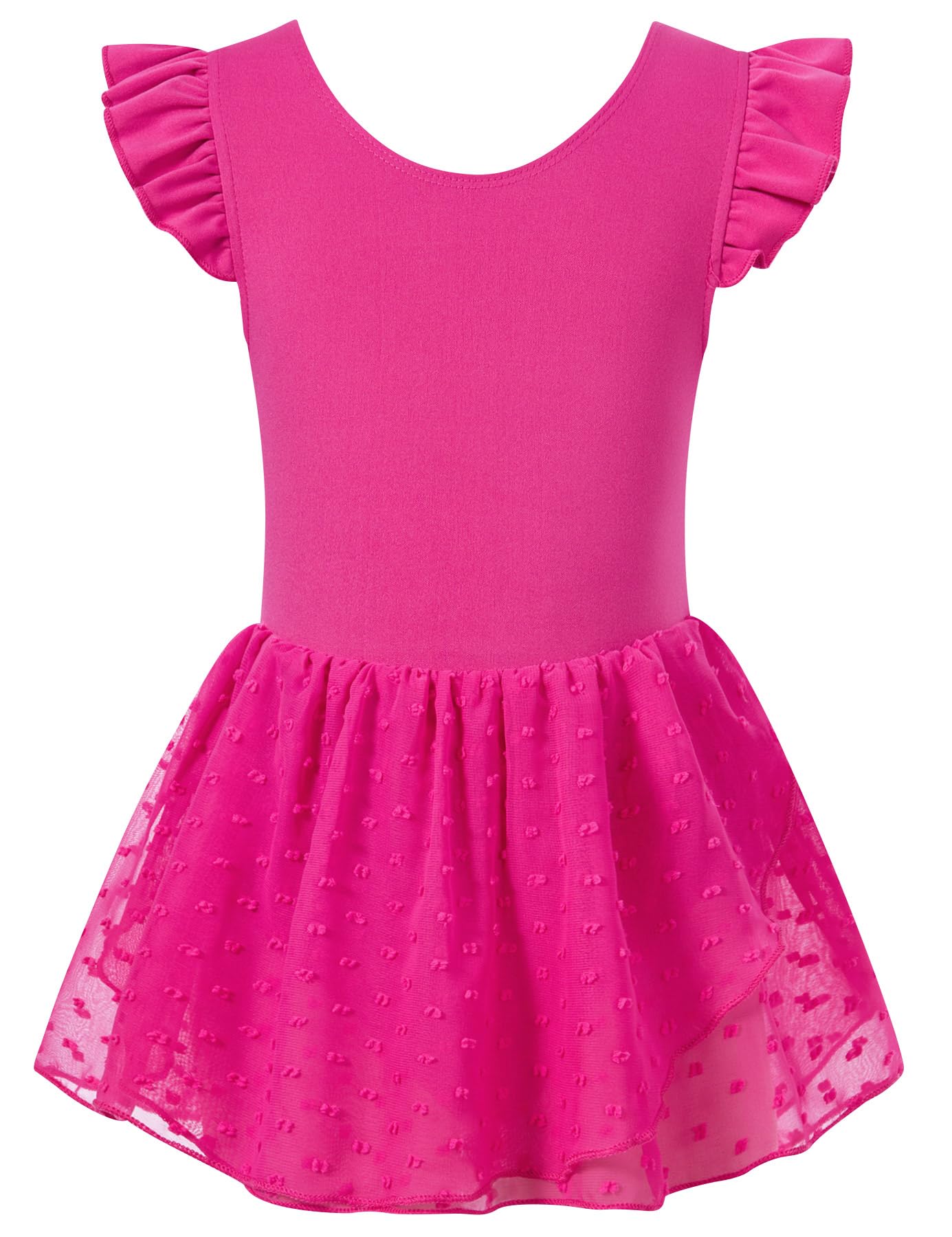 Girls hot pink ballet leotard dress with elegant skirt design, perfect for dance classes and stage performances.