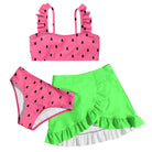Girls hot pink 3 piece bikini swim set with printed top, matching bottoms and bright green ruffle swim skirt for summer wear.