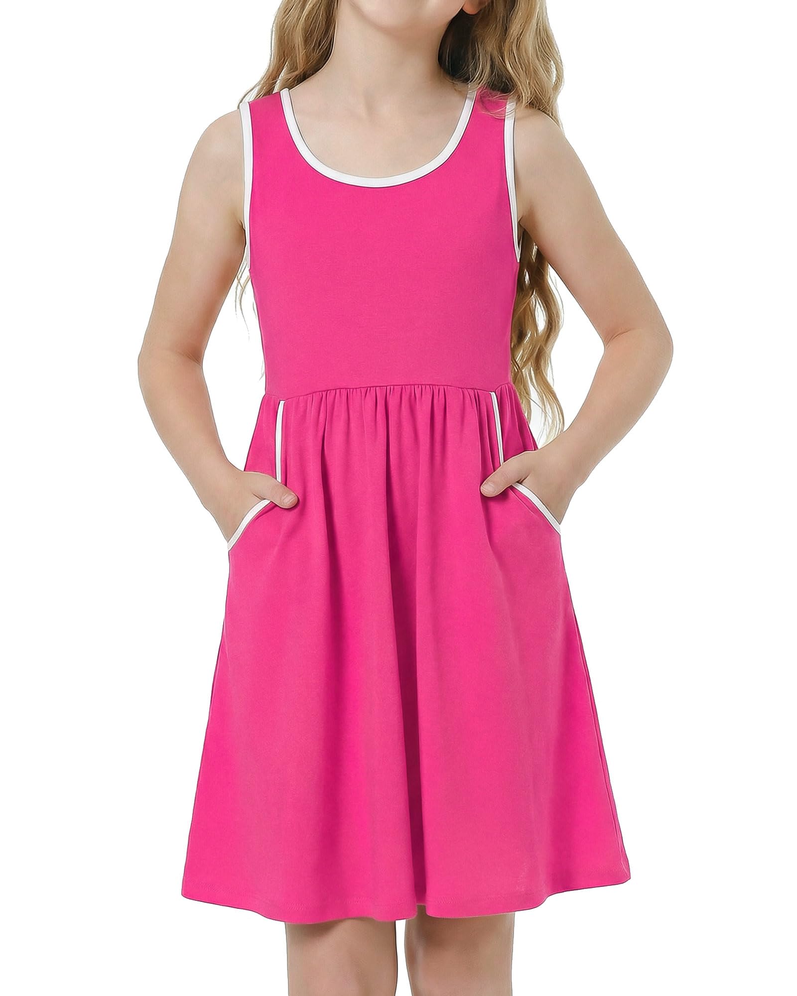 Girls hot pink sleeveless dress set with matching shorts, colorful summer outfit for parties, vacations and daily wear.