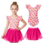 Girls hot pink floral ballet dress set with ruffle sleeve leotard and skirt, colorful dance outfit for kids.