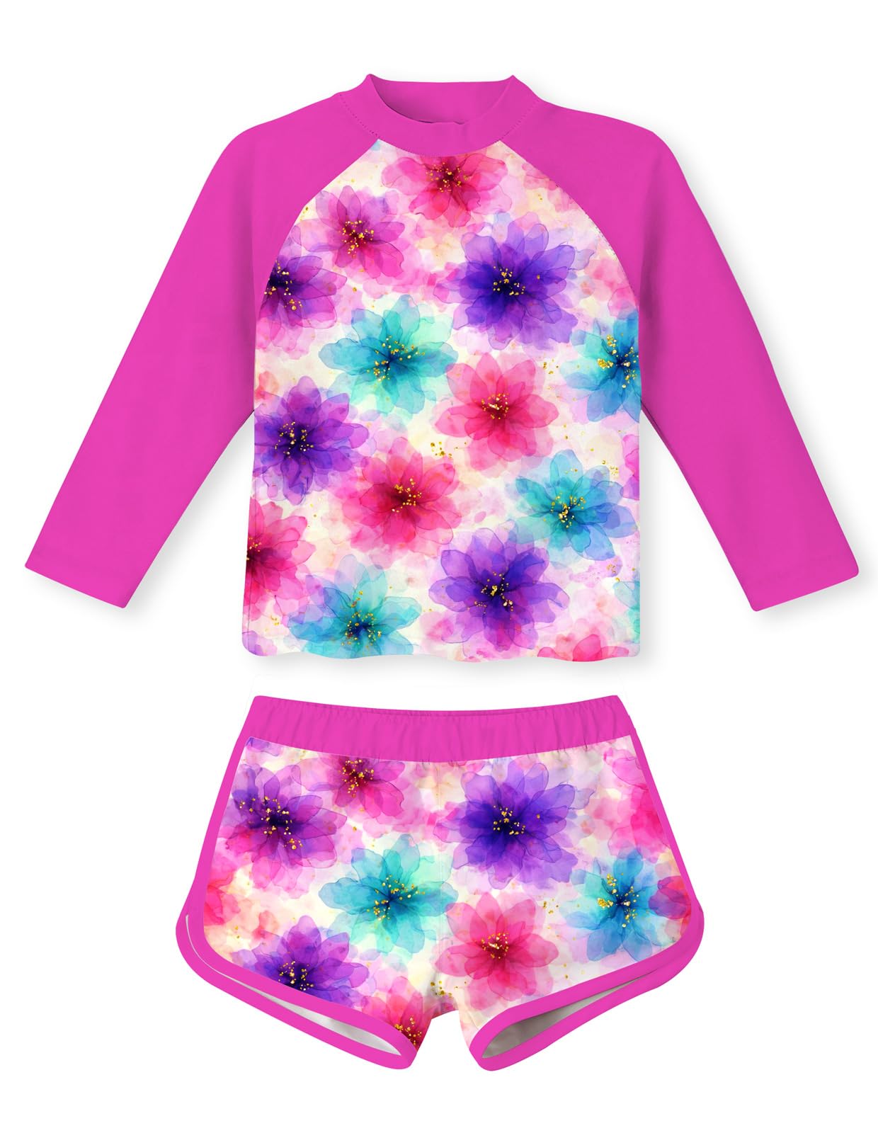 Girls hot pink floral printed swim set with long sleeve rash guard top and shorts, bright summer swimwear for beach activities.