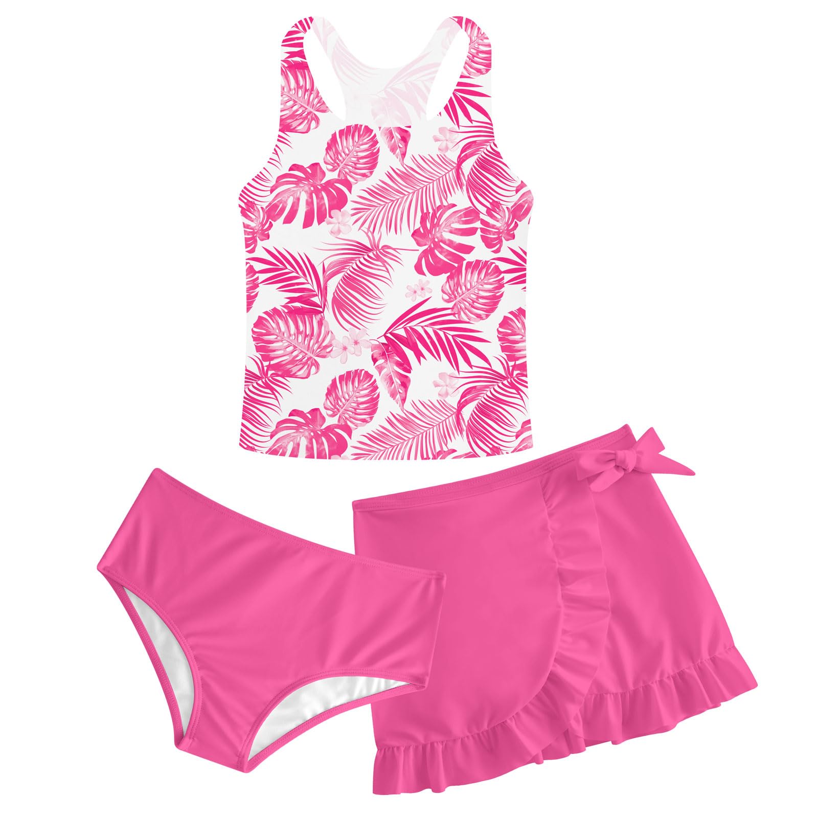 Girls hot pink floral tankini swimsuit set with tank style top and swim skirt, bright kids swimwear for pools, beaches and vacations.