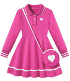 Girls hot pink long sleeve polo dress with matching heart bag, colorful preppy outfit for birthdays, school and events.