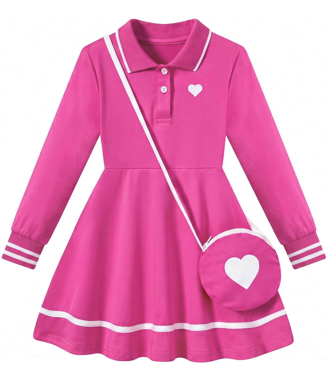 Girls hot pink long sleeve polo dress with matching heart bag, colorful preppy outfit for birthdays, school and events.