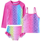 Girls hot pink mermaid swimwear set with long sleeve rash guard top and matching shorts, colorful kids beachwear.
