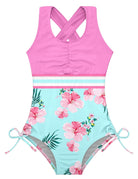 Girls hot pink one piece swimsuit with cross back design, comfortable stretch fabric and secure fit for swimming and summer activities.
