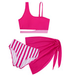 Girls Hot Pink Stripe three piece swimsuit with matching wrap skirt designed for stylish summer swimming and vacations.