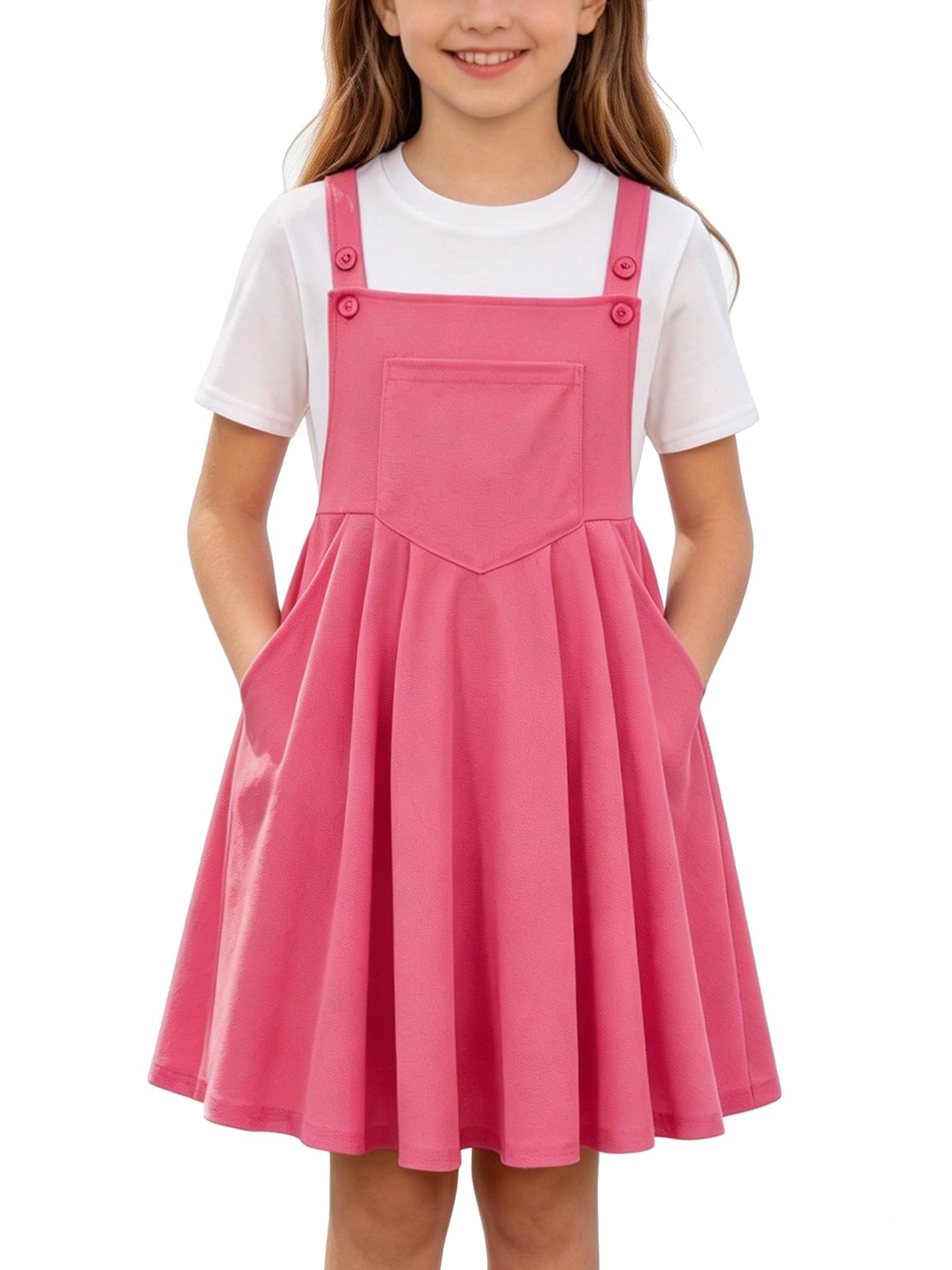 Girls hot pink waffle overall dress set with matching white T shirt, adjustable straps and comfortable layered design.