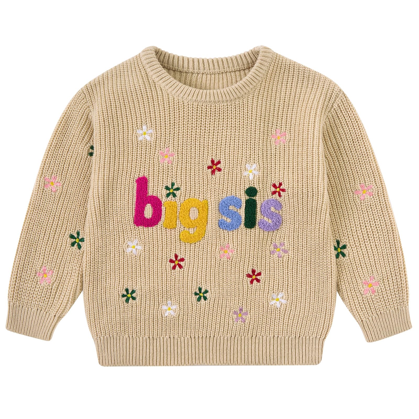 Girls khaki knit sweater with colorful Big Sis lettering and small floral graphics, designed for comfortable fall and winter outfits.