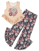 Girls khaki floral ruffle tank top and pants set with elastic waistband, cute summer outfit for vacations and everyday wear.