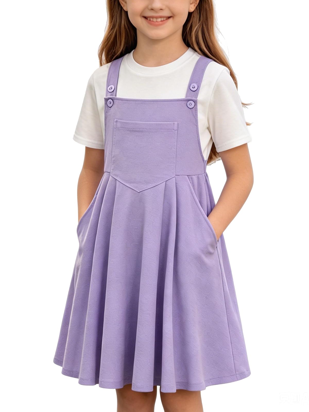 Girls lavender purple overall dress set featuring waffle texture fabric and comfortable layered styling.
