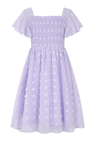 Girls lavender Swiss dot chiffon dress with ruffle sleeves, square neckline and flowing skirt, elegant outfit for special occasions.