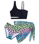 Girls Leopard Floral three piece swimsuit with printed swim bottoms and matching wrap skirt for summer adventures.