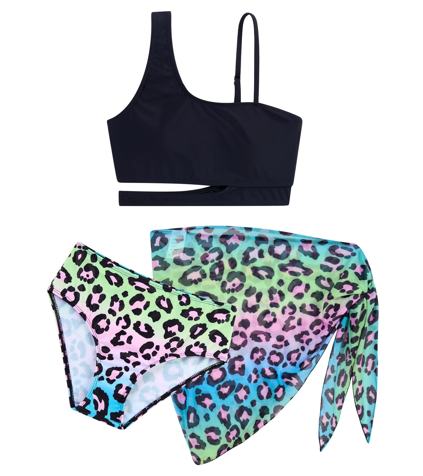 Girls Leopard Floral three piece swimsuit with printed swim bottoms and matching wrap skirt for summer adventures.
