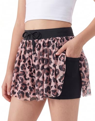 Girls leopard print high waist athletic shorts with drawstring waist and side pockets, comfortable sports shorts for active wear.