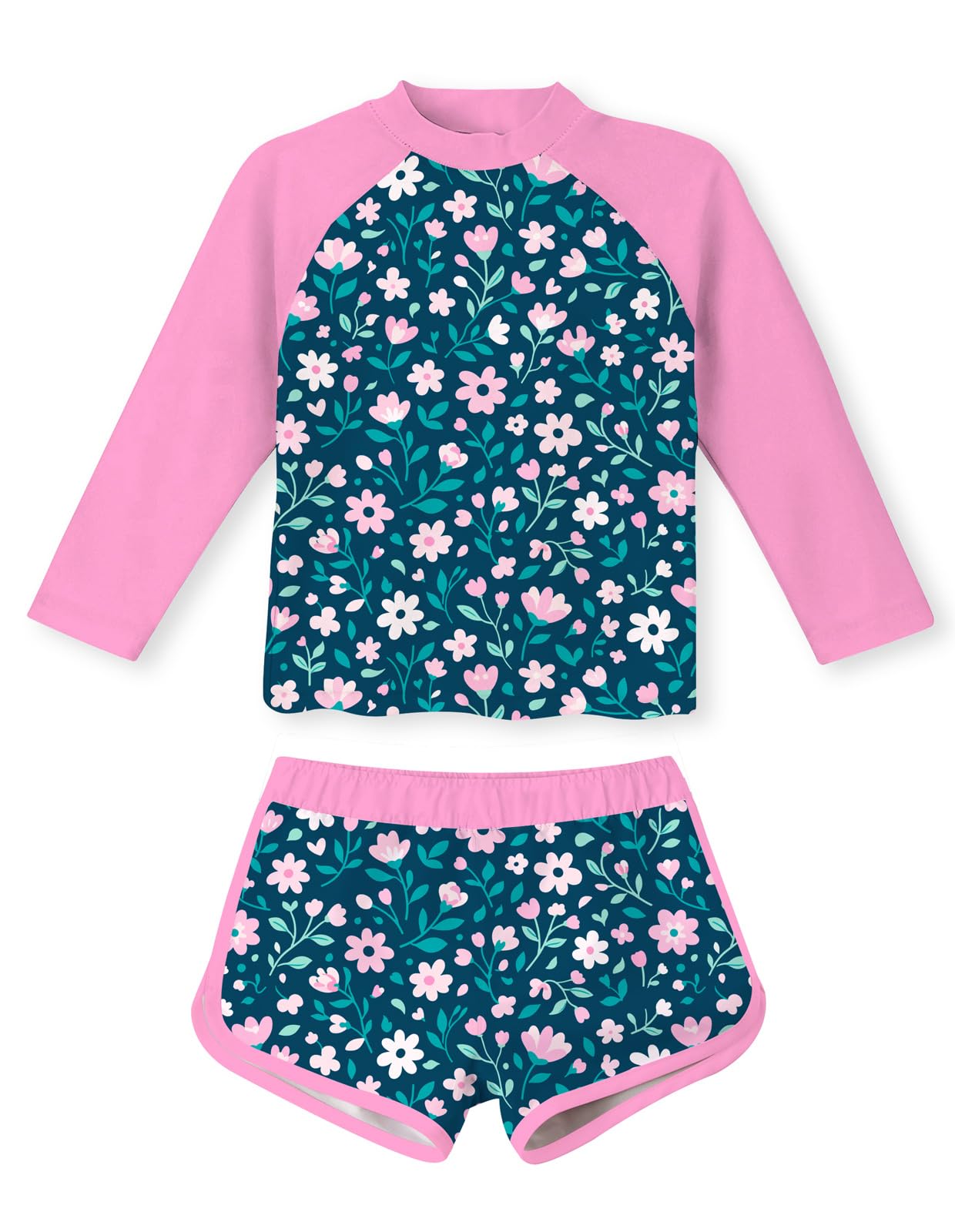Girls light blue floral rash guard swimsuit set with matching shorts, soft printed kids swimwear for swimming and vacations.