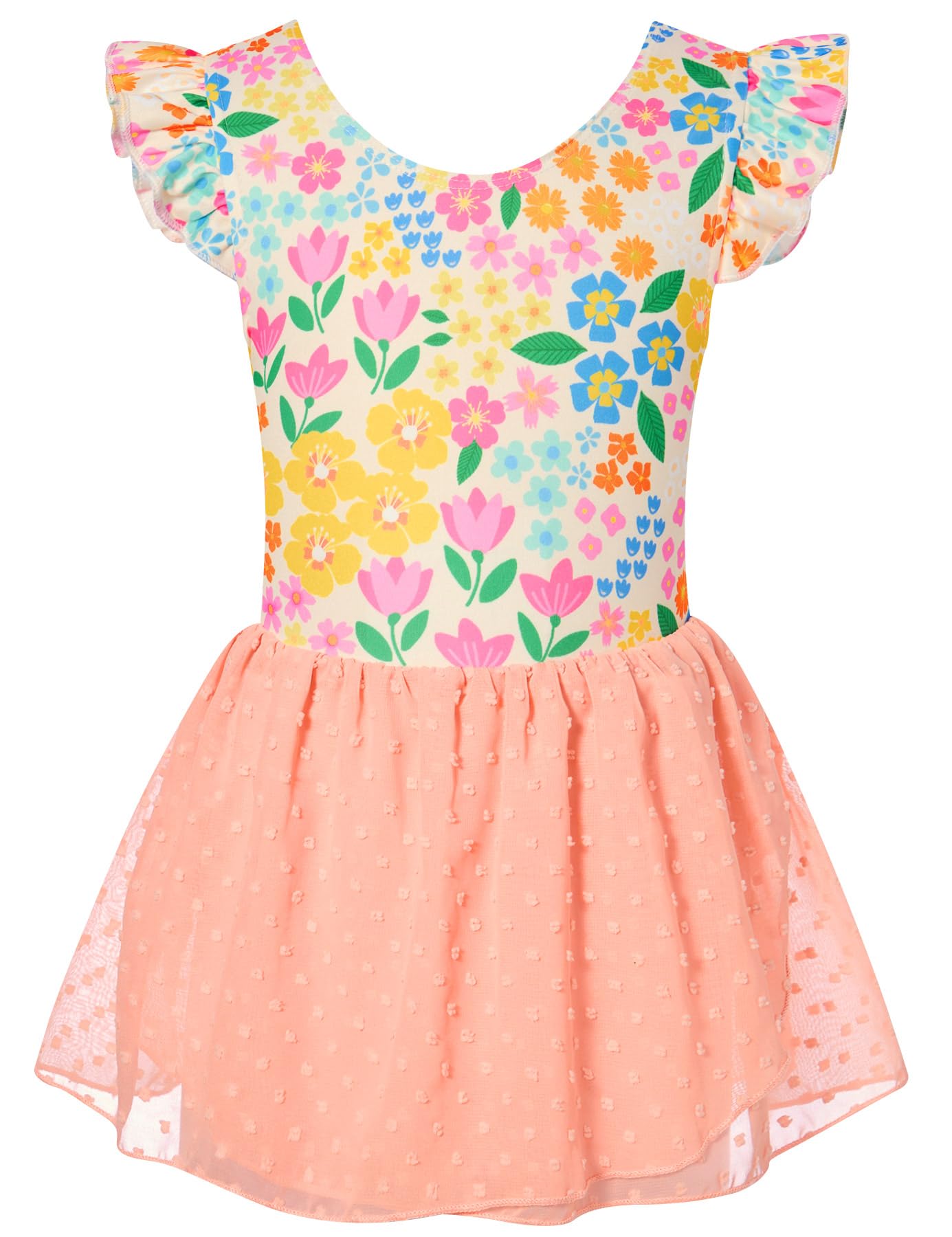 Girls light pink floral dance dress with printed top and layered chiffon skirt, comfortable ballet outfit for toddlers.