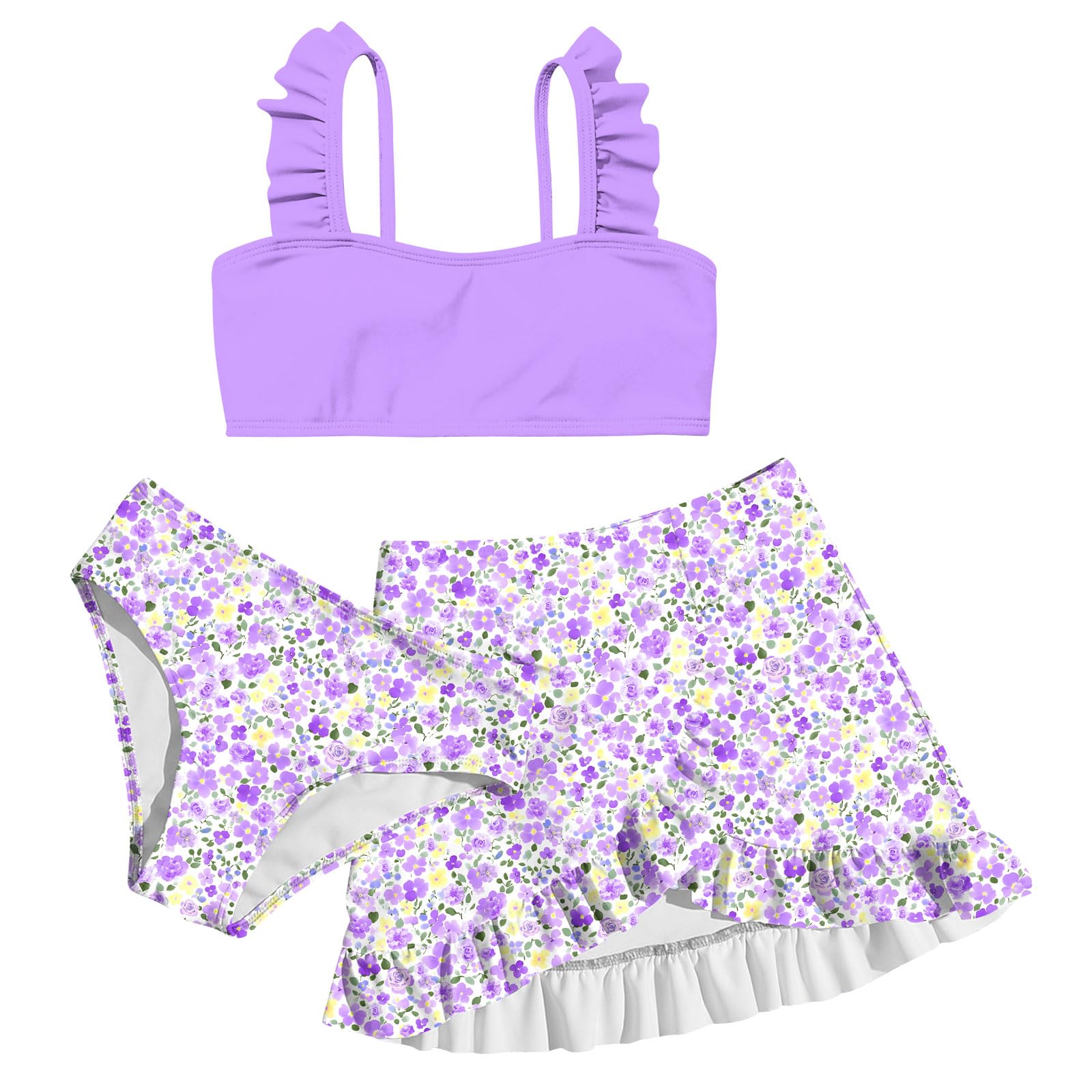 Girls light purple bikini swim set with ruffled shoulder top, lavender floral bottoms and coordinating ruffle swim skirt.