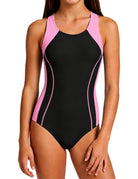 Girls black one piece swimsuit with light purple contrast side trim and wide straps for comfortable athletic swimming.