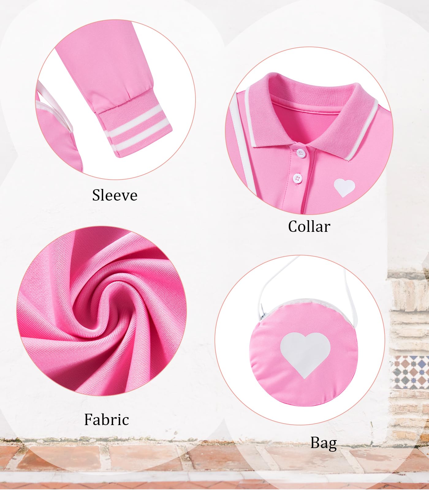 Close up details of girls long sleeve polo dress showing collar design, button placket, sleeve cuffs and elegant dress construction.