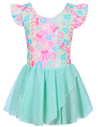 Girls mint bow dance dress with flutter sleeves and sequin skirt, comfortable outfit for young dancers.