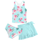Girls mint floral tankini swimsuit set with matching briefs and swim skirt, soft and comfortable summer swimwear for vacations and swimming.