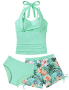 Mint green girls three piece tankini swimsuit with floral print