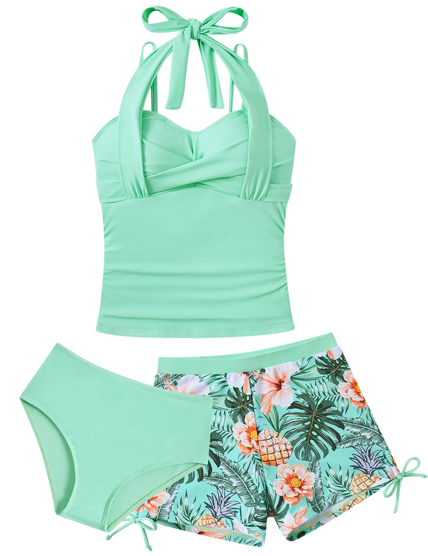 Mint green girls three piece tankini swimsuit with floral print