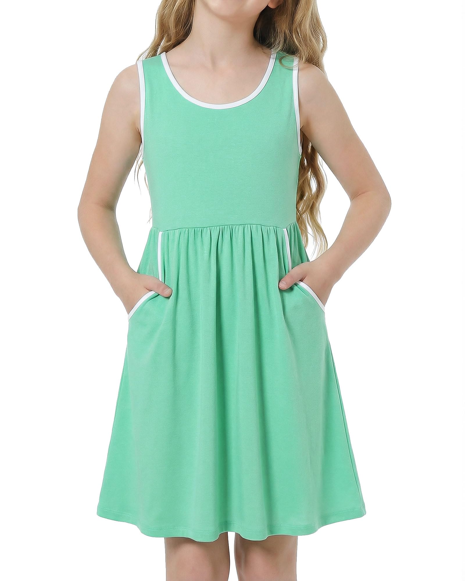 Girls mint green sleeveless dress set with matching shorts, soft casual outfit for summer days and outdoor activities.