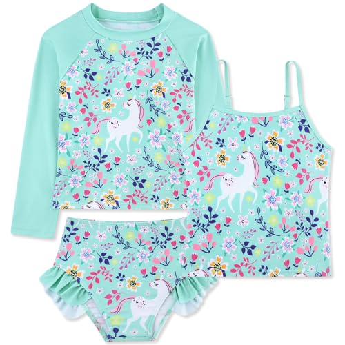 Girls mint unicorn 3 piece rash guard swimsuit set with long sleeve top, tankini and ruffle shorts, cute kids swimwear for summer.