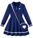 Girls navy blue long sleeve polo dress with collared design and matching shoulder bag, classic outfit for everyday wear.