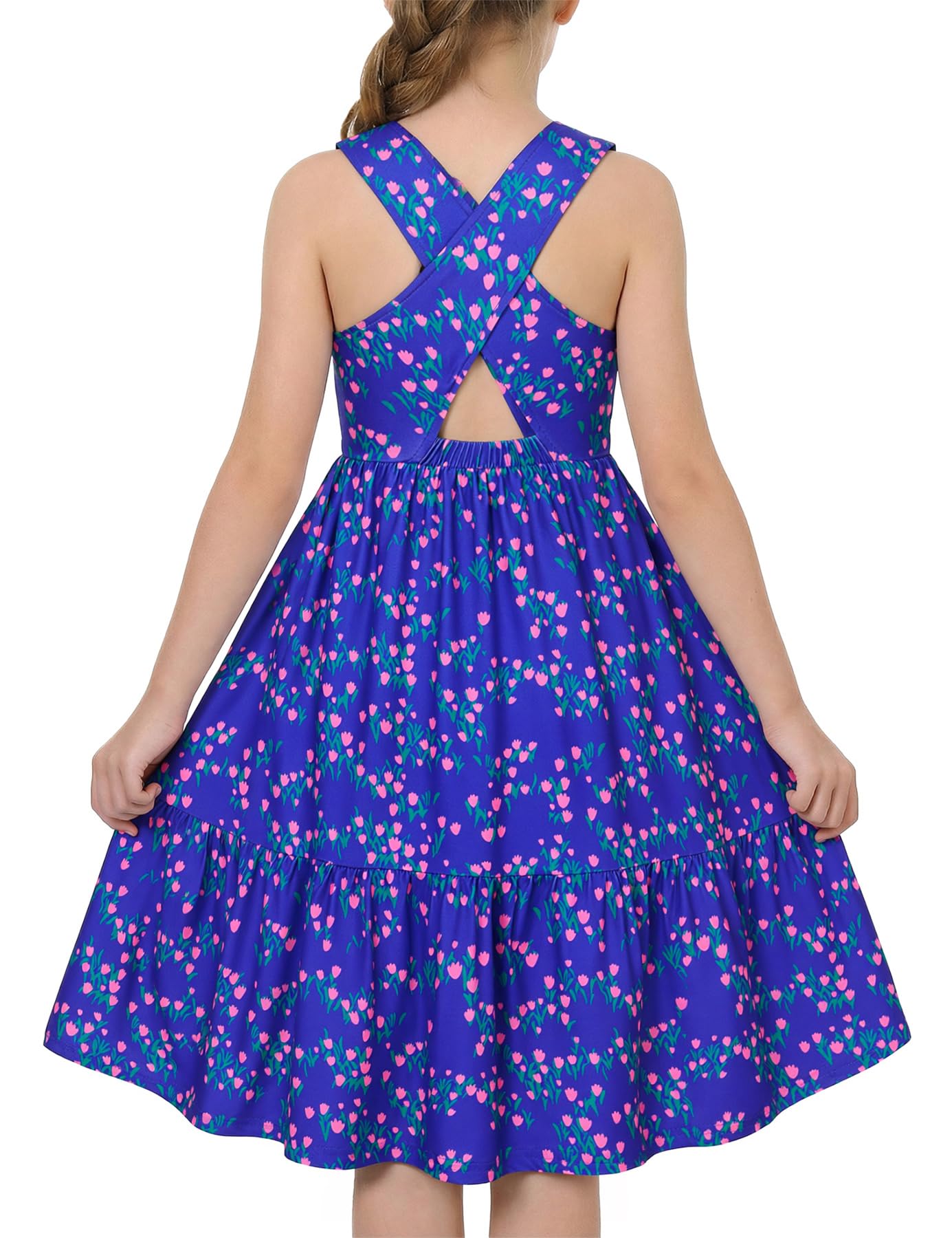 Girls navy floral rainbow strap sundress with colorful print design, lightweight summer dress for parties, vacations and everyday wear.