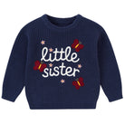 Girls navy knit sweater with Little Sister lettering and playful floral details, a cozy long sleeve top for everyday wear.