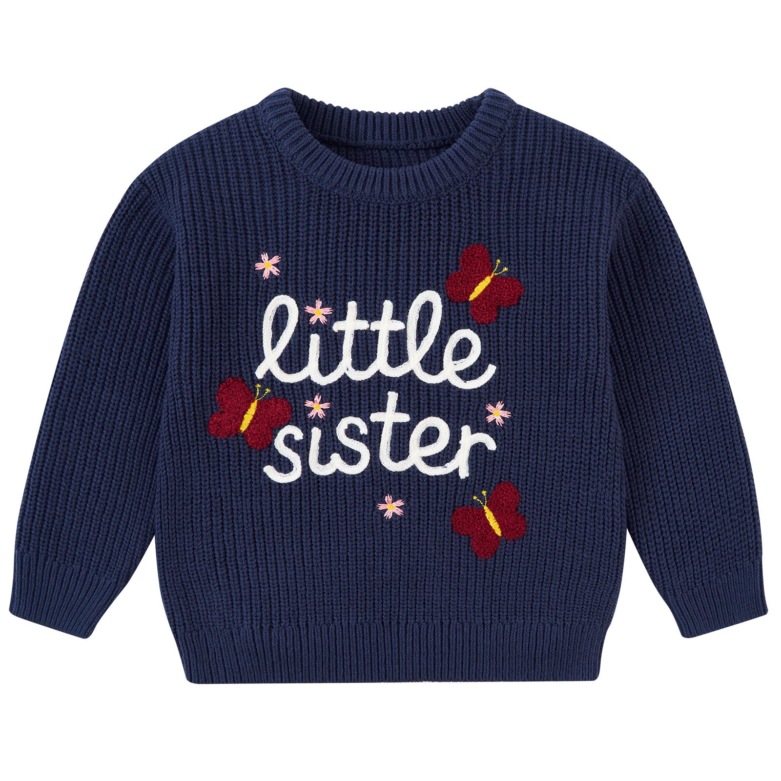 Girls navy knit sweater with Little Sister lettering and playful floral details, a cozy long sleeve top for everyday wear.