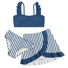 Girls navy 3 piece bikini swim set with ruffle strap top, striped bottoms and coordinating ruffle swim skirt.