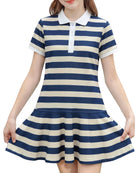 Girls navy striped polo dress with button front and comfortable fabric, perfect preppy outfit for kids.
