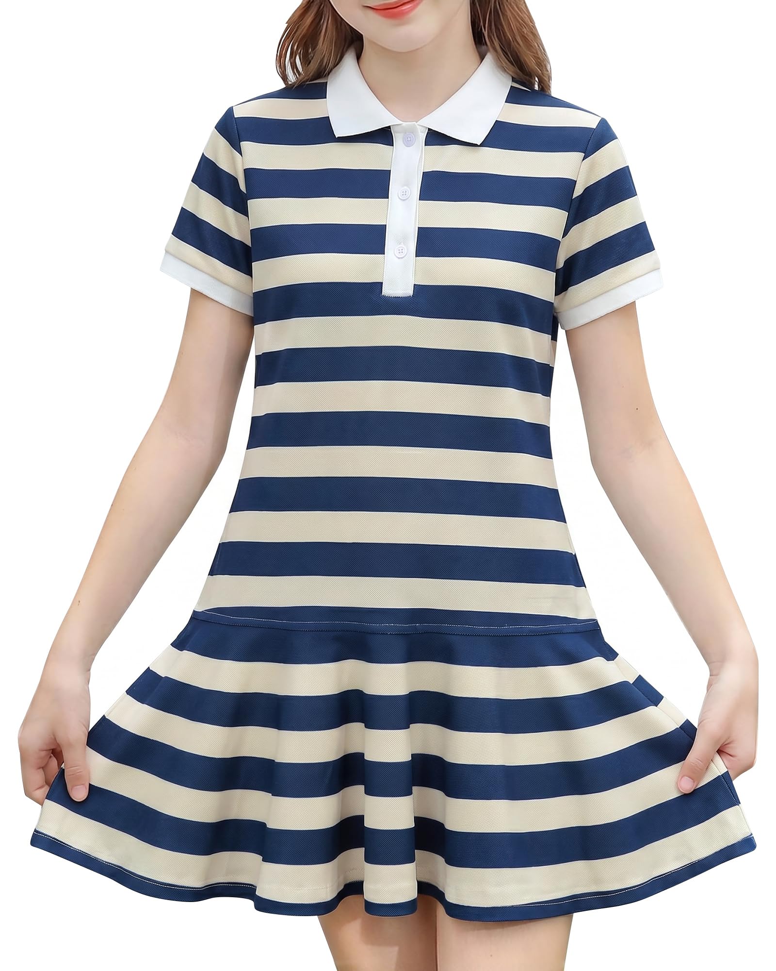 Girls navy striped polo dress with button front and comfortable fabric, perfect preppy outfit for kids.