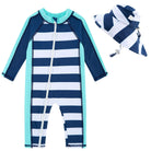 Toddler girls navy striped long sleeve rash guard swimsuit with zip front and matching sun hat for comfortable summer swimwear.