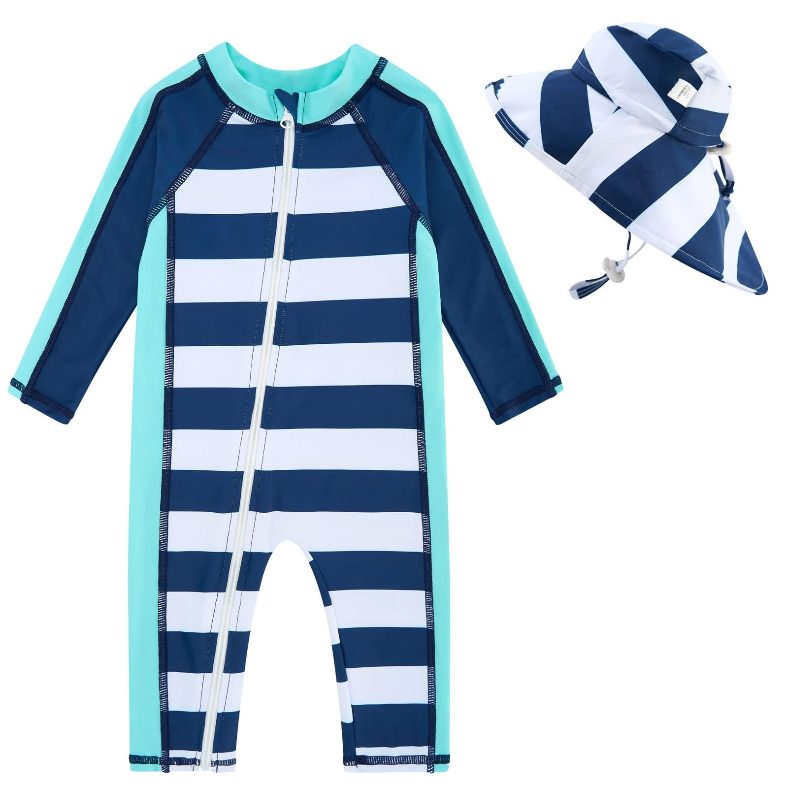 Toddler girls navy striped long sleeve rash guard swimsuit with zip front and matching sun hat for comfortable summer swimwear.