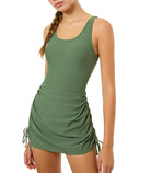 Girls olive green one piece swim dress swimsuit with adjustable side detail for summer activities.