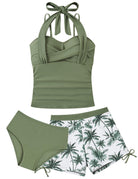 Olive green girls three piece tankini swimsuit with swim shorts