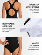 Girls one piece swimsuit detail showing the back strap design, removable pads and supportive construction for comfortable swimming.