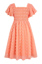 Girls orange chiffon dress with ruffle sleeve design, bright summer outfit for parties and family occasions.