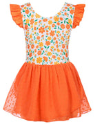 Girls orange floral ballet leotard dress with stretch fabric and chiffon skirt, stylish dancewear for kids.