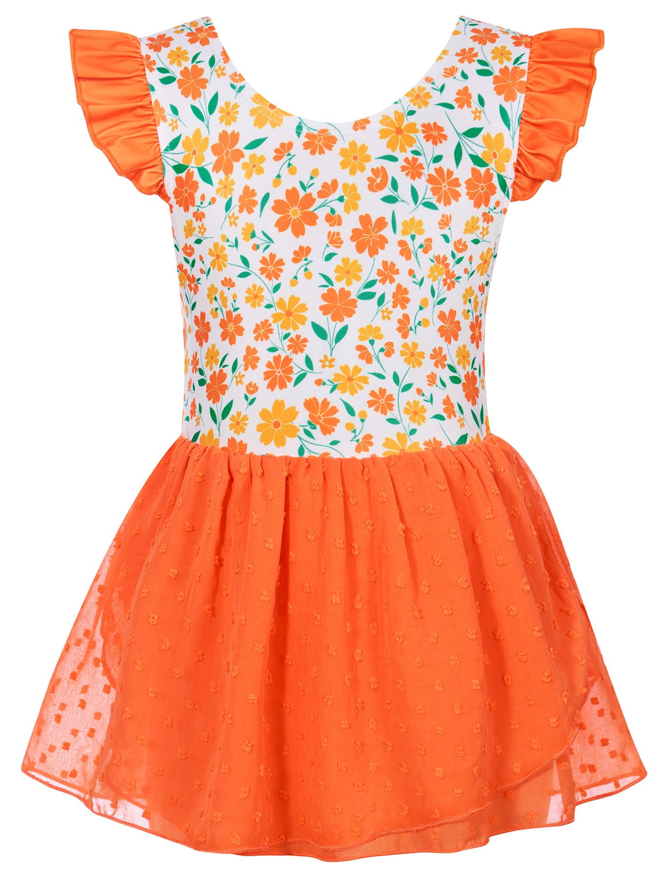 Girls orange floral ballet leotard dress with stretch fabric and chiffon skirt, stylish dancewear for kids.